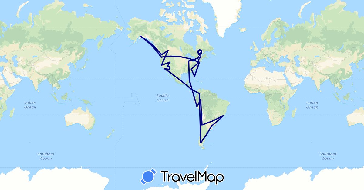 TravelMap itinerary: driving in Argentina, Brazil, Canada, Chile, Colombia, Costa Rica, Mexico, Peru, United States (North America, South America)