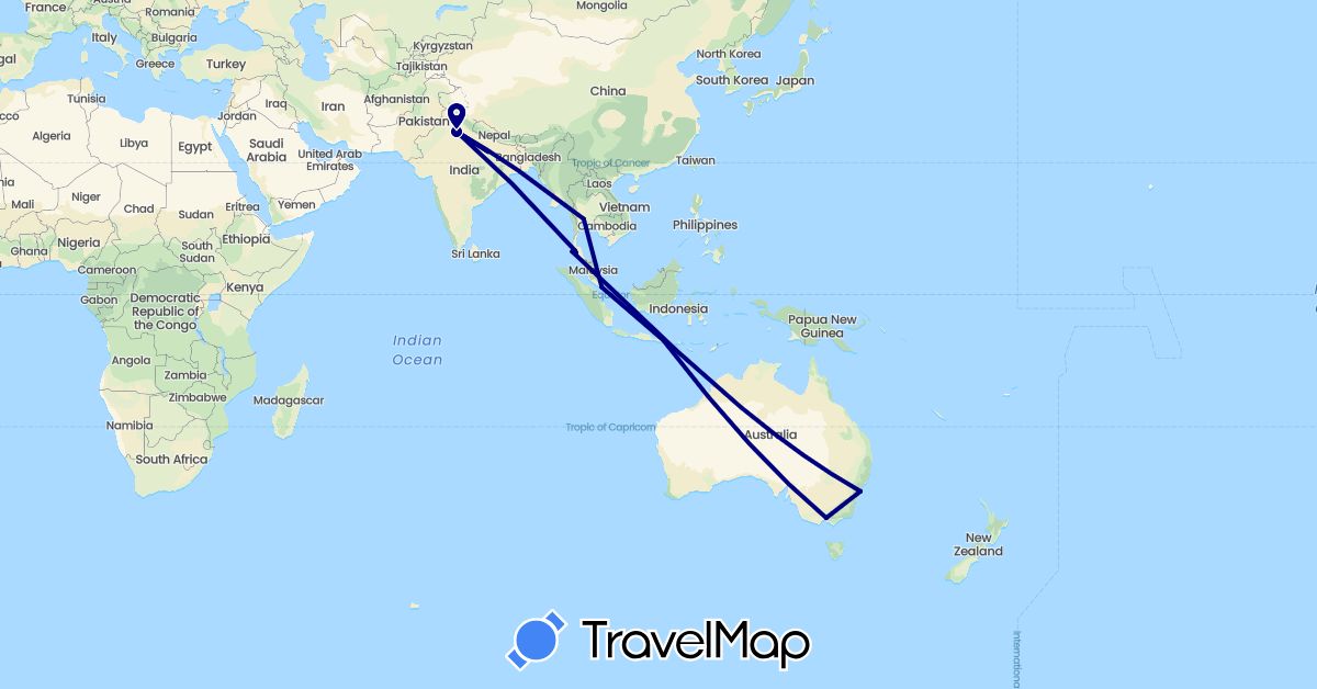 TravelMap itinerary: driving in Australia, Indonesia, India, Singapore, Thailand (Asia, Oceania)